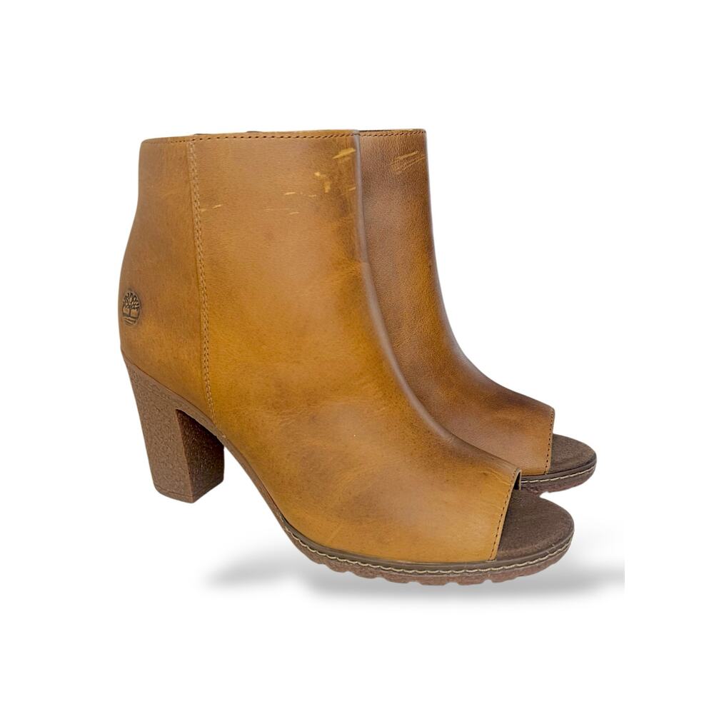 Timberland Beige Leather Heels 7.5 Women’s Tillston Peep Toe Ankle Booties
